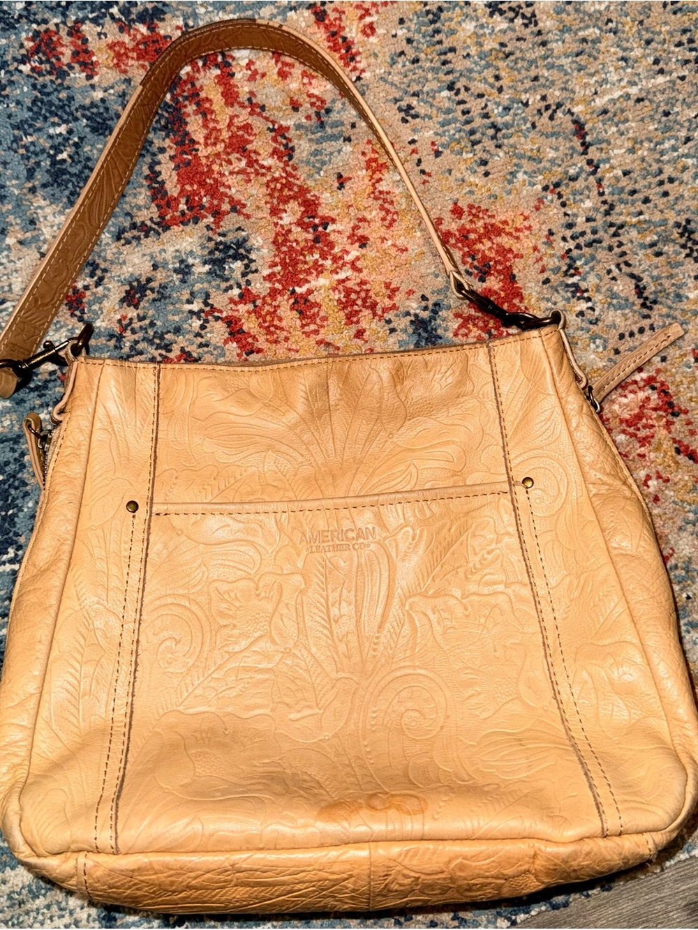 American Leather Company- Embossed Floral Shoulder Bag - Beige Tan